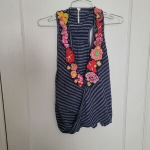 NWOT Free People Striped Tank Top with Floral Embroidery SZ S